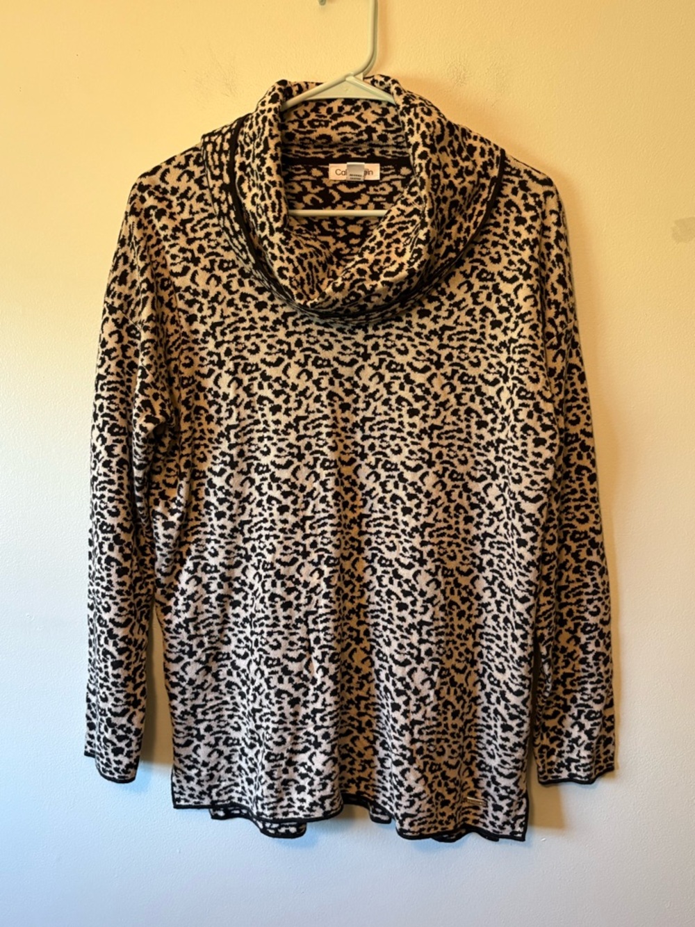 Calvin Klein Leopard-Print Cowl Neck Sweater - Beige & Black, Size Medium